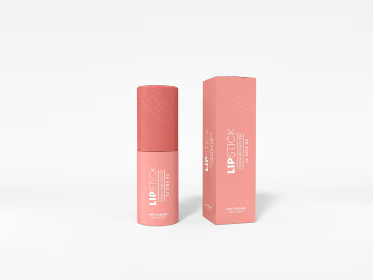 Coral Pink Lipstick Tube and Packaging Box Mockup