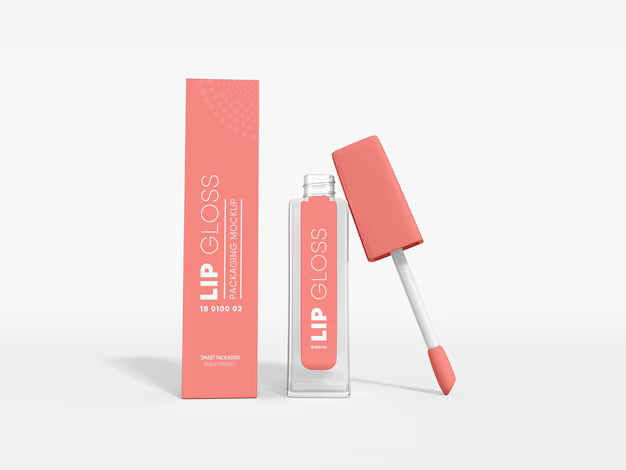 Clear Lip Gloss Bottle with Applicator and Packaging Box Mockup